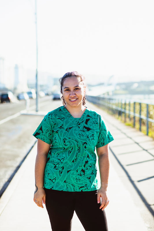 Womens Scrubs Tops - Māori Design Green